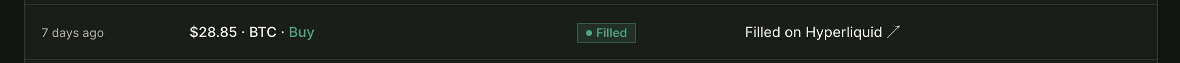BTC buy marked filled on Hyperliquid in the Pakt dashboard